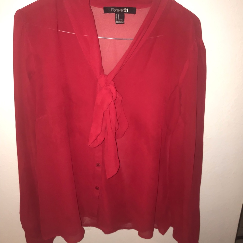 Red Button Down Sheer Blouse